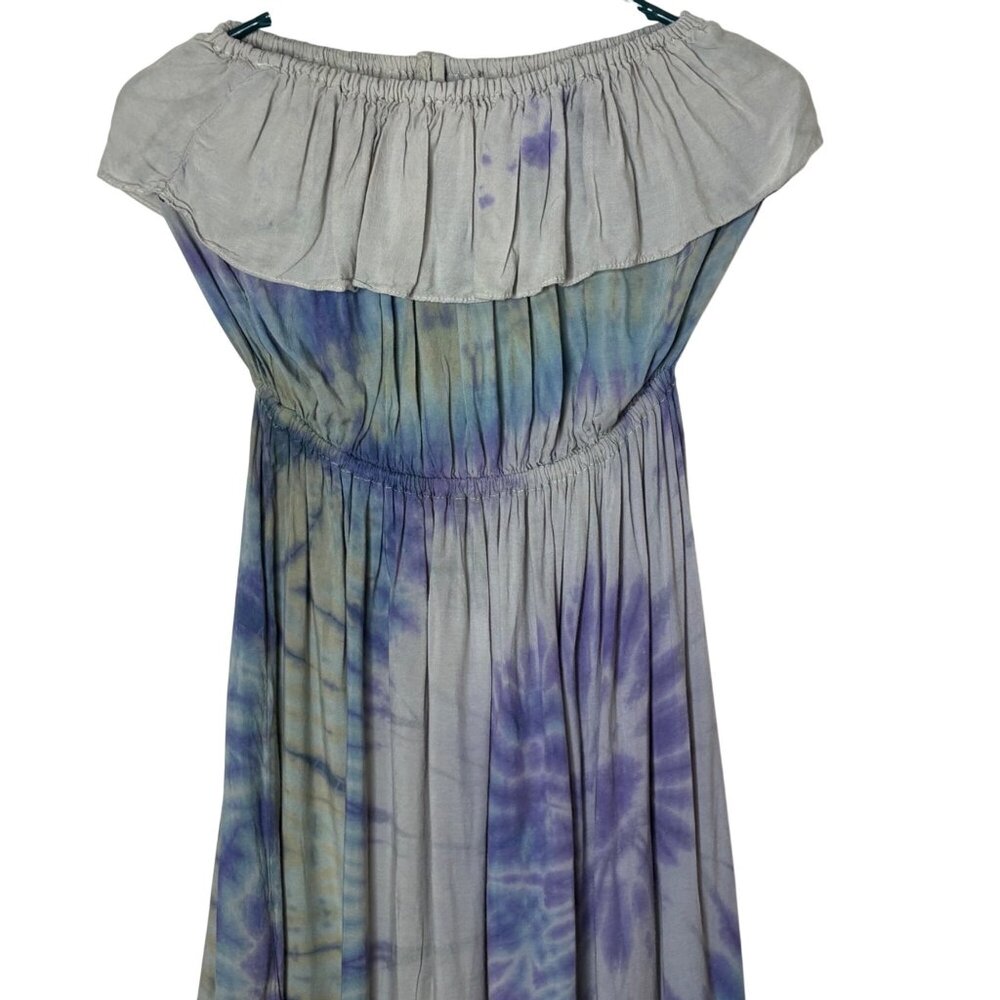 Tie Dye Off Shoulder Hi Low Dress Blue Purple Ruffle Flowy Boho Festival OS - Picture 6 of 7